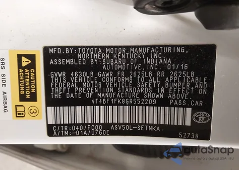 2016 Toyota Camry Le z USA, uszkodzony, nr VIN 4T4BF1FK8GR552209